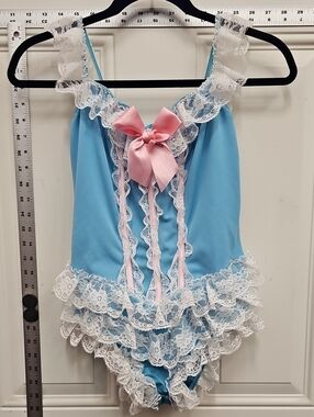 Leg Avenue Blue Teddy with Pink Satin Bow and White Lace Trim